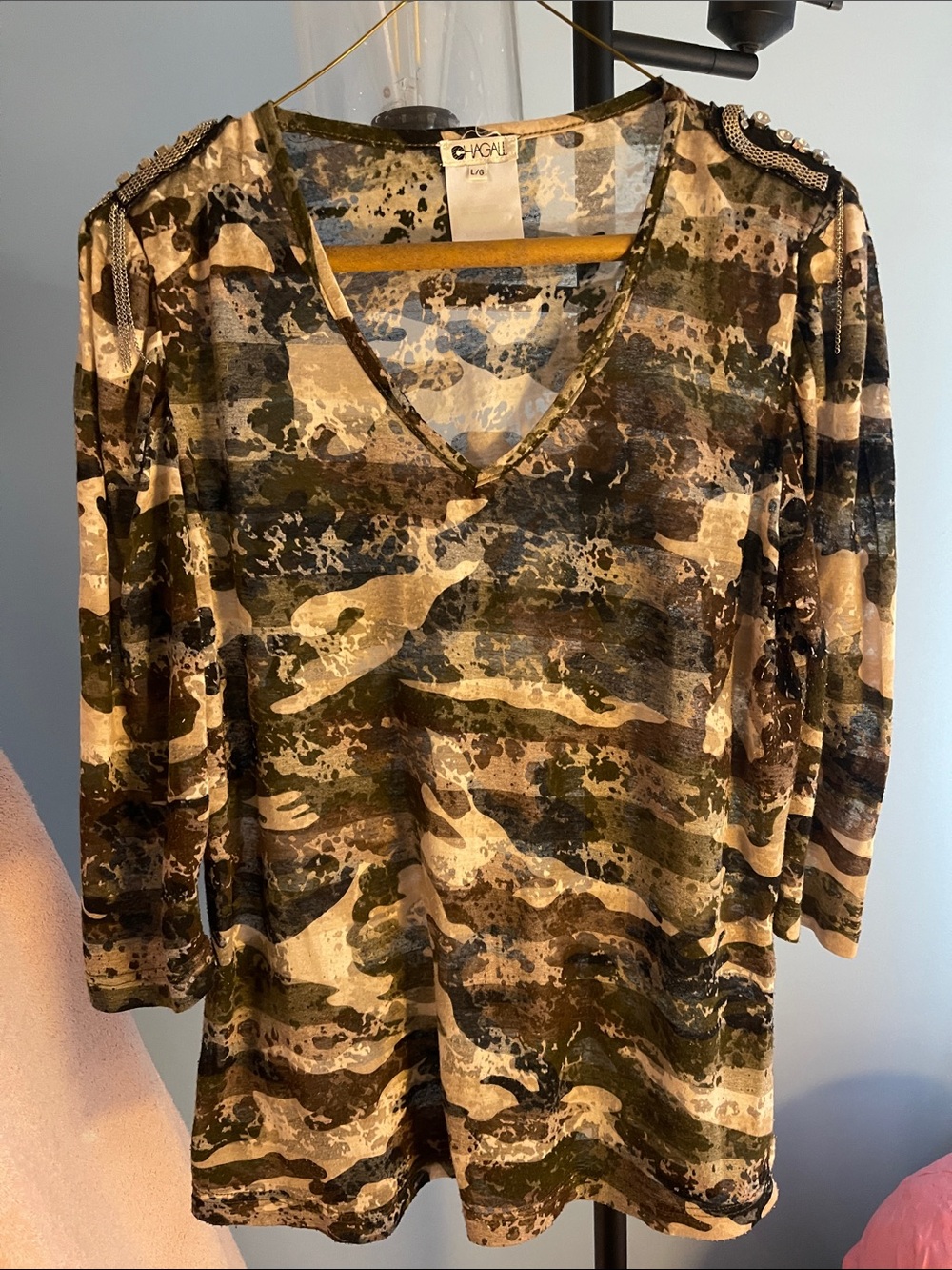 Chagal Women’s Olive Camo V-Neck Long Sleeve Tee with Shoulder Embellishments